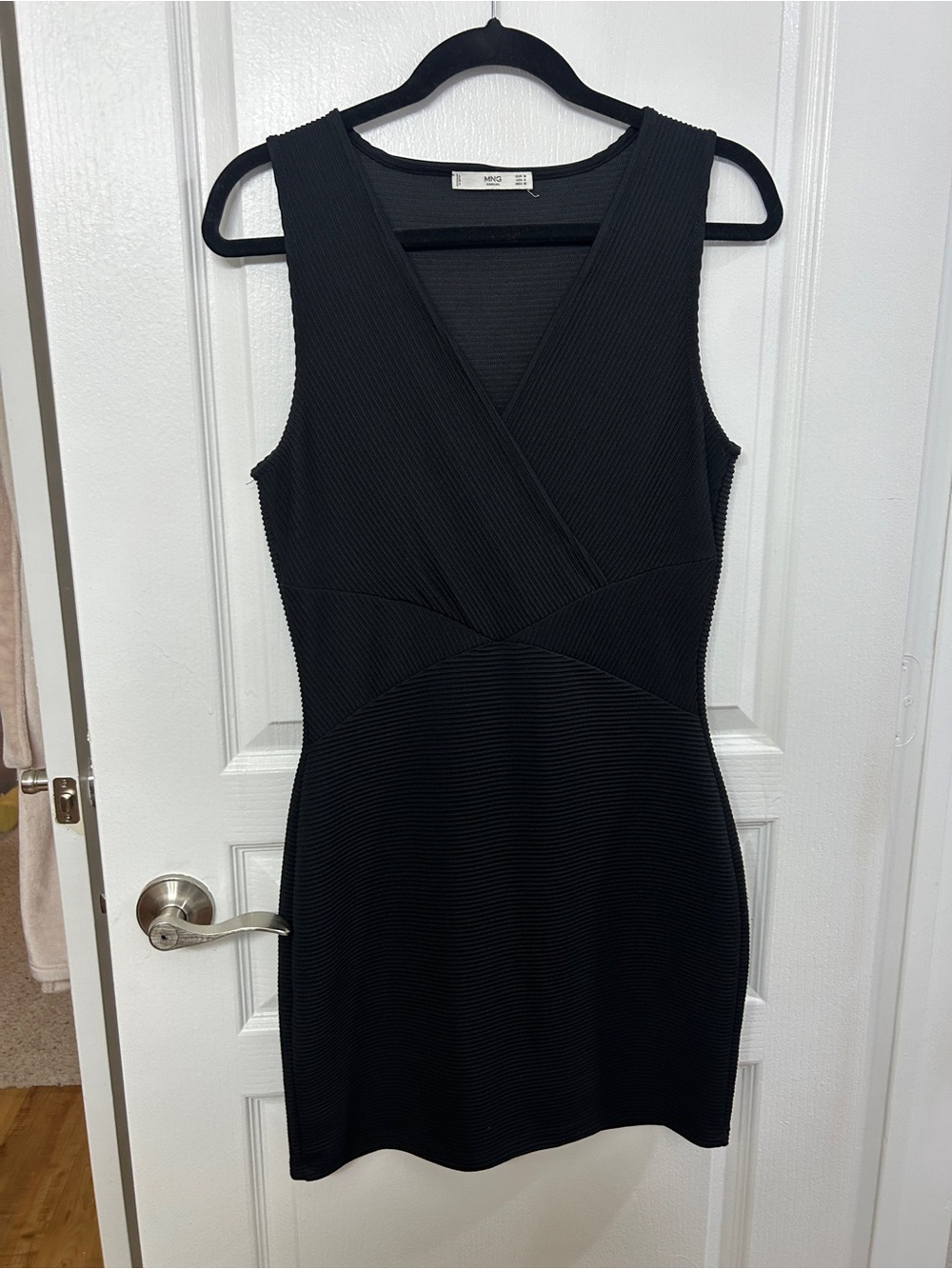 Mango Black Sleeveless V-Neck Ribbed Mini Dress